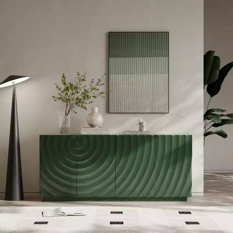 Aparador estriado azul/verde de 60" con almacenamiento de 4 puertas – Uso para adultos