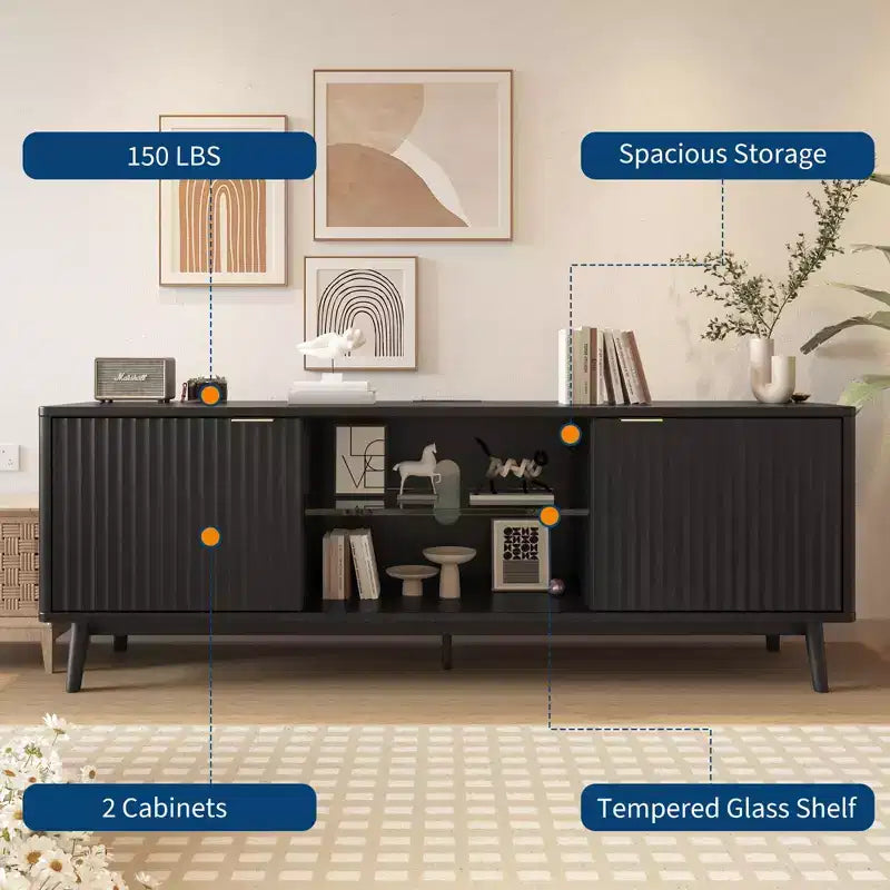 Mueble de TV de 63'', negro/nogal, 2 puertas con tomas de corriente y estante ajustable