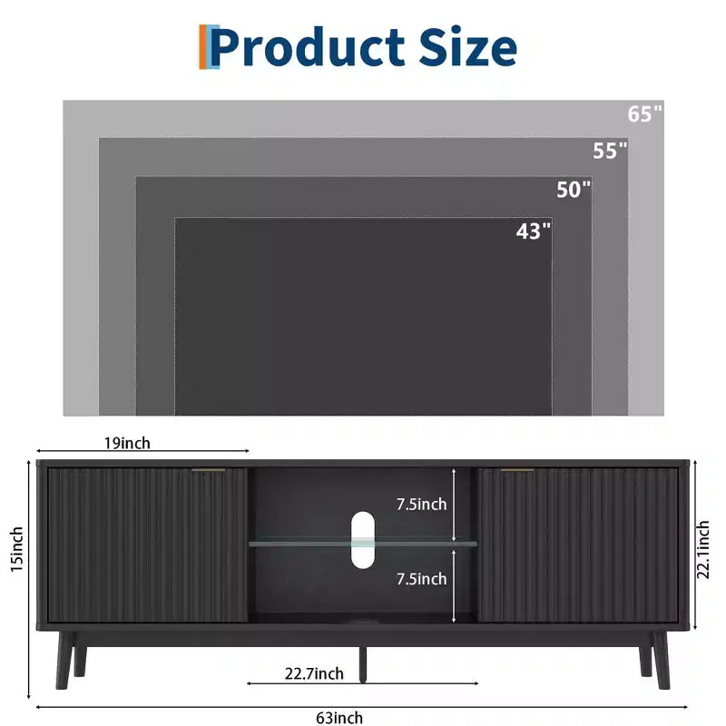 Mueble de TV de 63'', negro/nogal, 2 puertas con tomas de corriente y estante ajustable