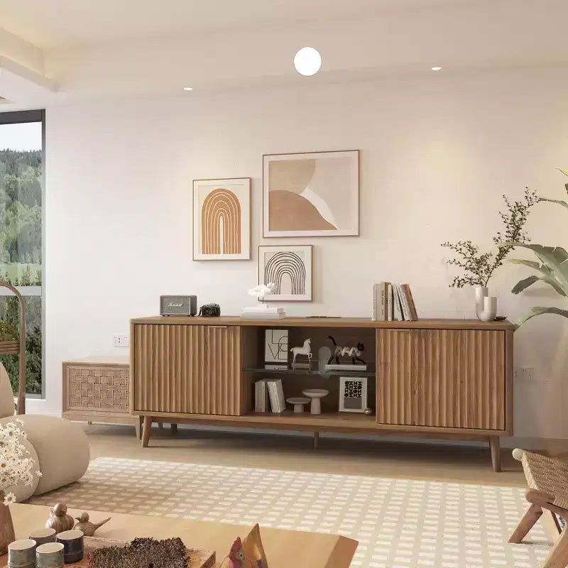Mueble de TV de 63'', negro/nogal, 2 puertas con tomas de corriente y estante ajustable