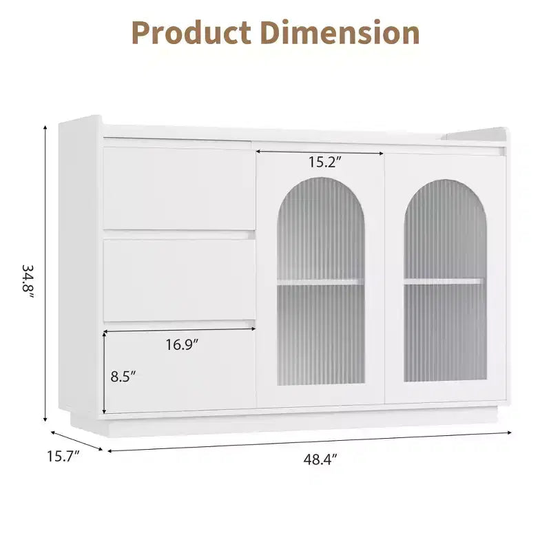 Aparador con puerta de vidrio estriado blanco, 3 cajones y luces LED, montaje para 1 persona