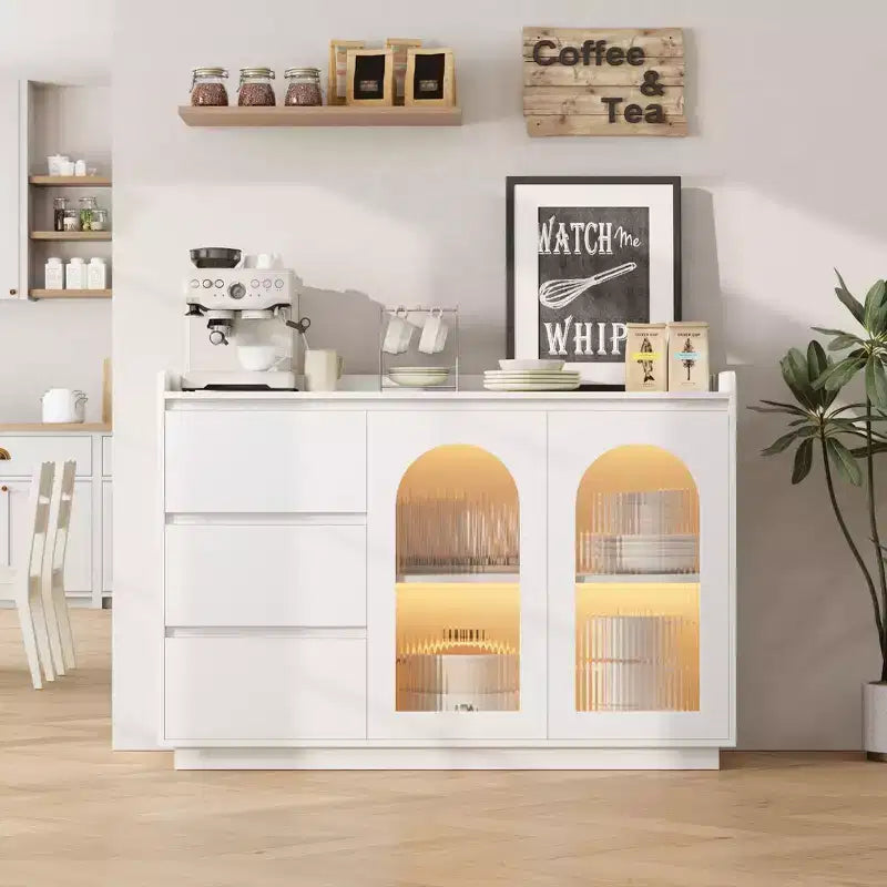 Aparador con puerta de vidrio estriado blanco, 3 cajones y luces LED, montaje para 1 persona