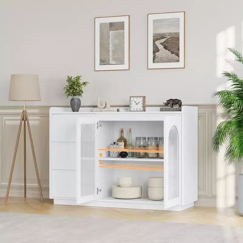 Aparador con puerta de vidrio estriado blanco, 3 cajones y luces LED, montaje para 1 persona