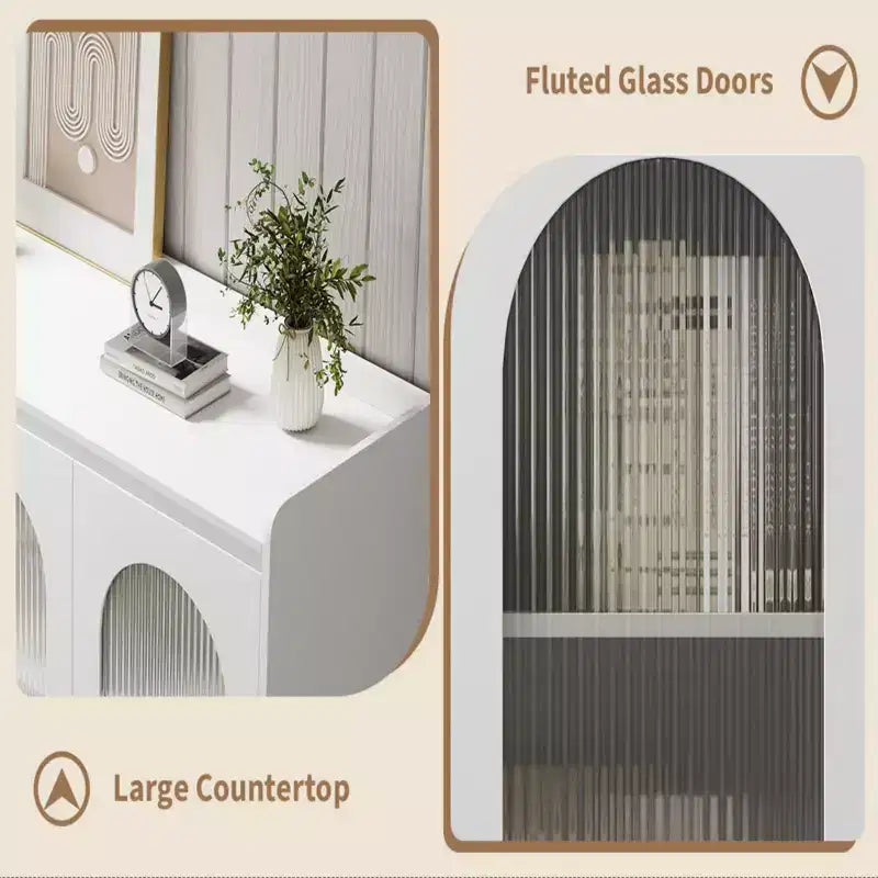 Aparador con puerta de vidrio estriado blanco, 3 cajones y luces LED, montaje para 1 persona