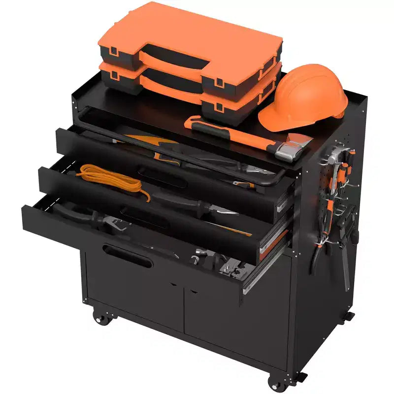 Gabinete negro de herramientas con ruedas y 3 cajones, 1 persona