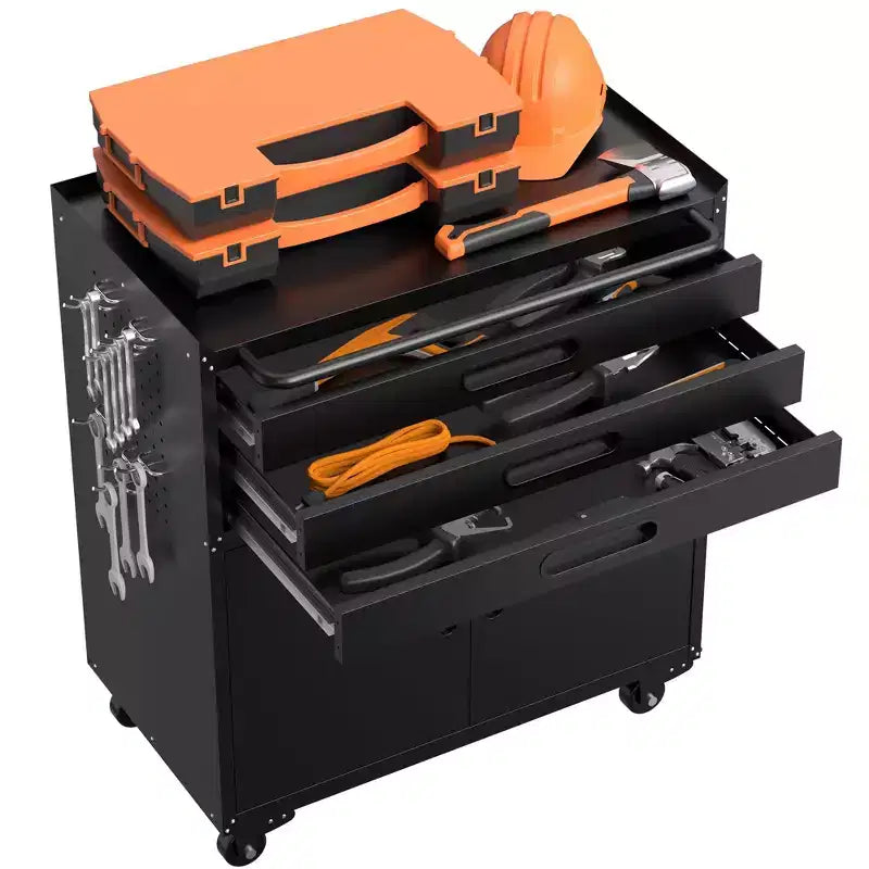 Gabinete negro de herramientas con ruedas y 3 cajones, 1 persona