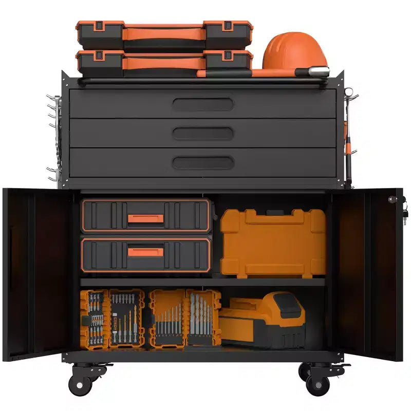 Gabinete negro de herramientas con ruedas y 3 cajones, 1 persona