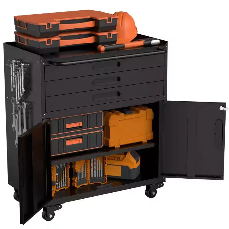 Gabinete negro de herramientas con ruedas y 3 cajones, 1 persona