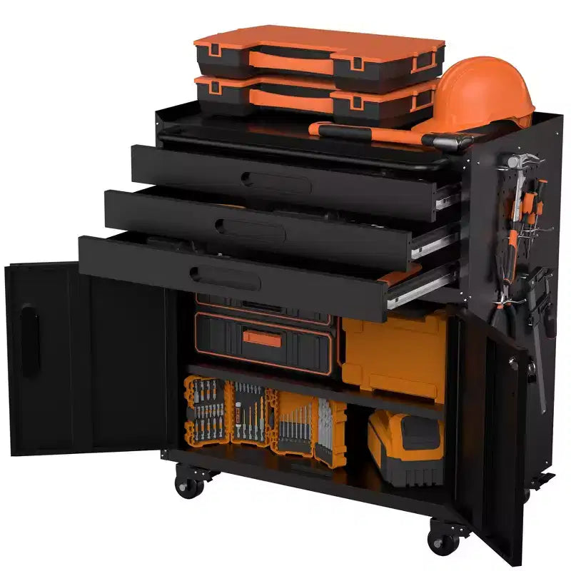 Gabinete negro de herramientas con ruedas y 3 cajones, 1 persona