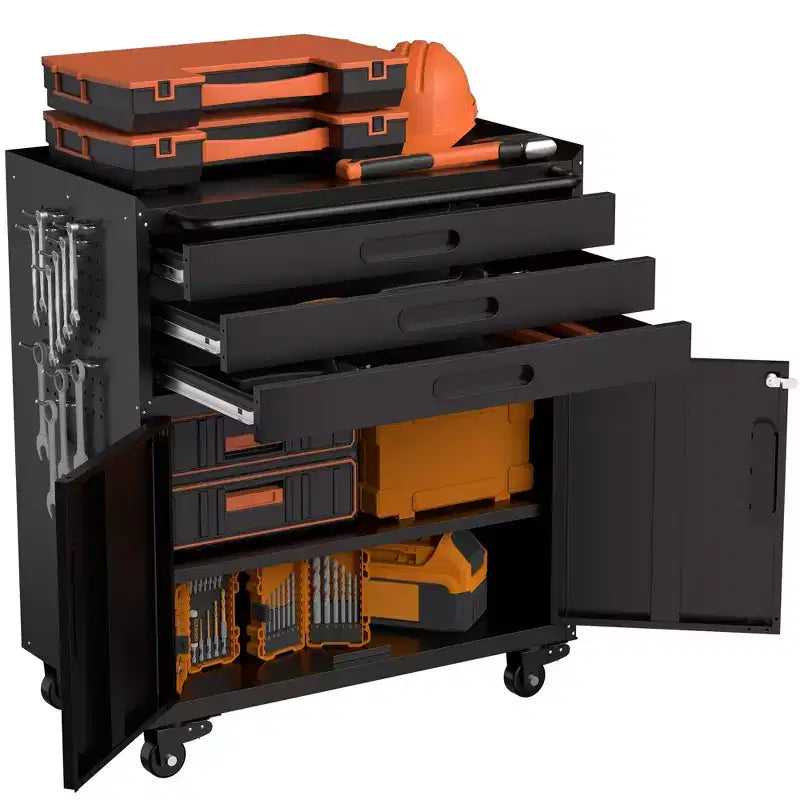 Gabinete negro de herramientas con ruedas y 3 cajones, 1 persona
