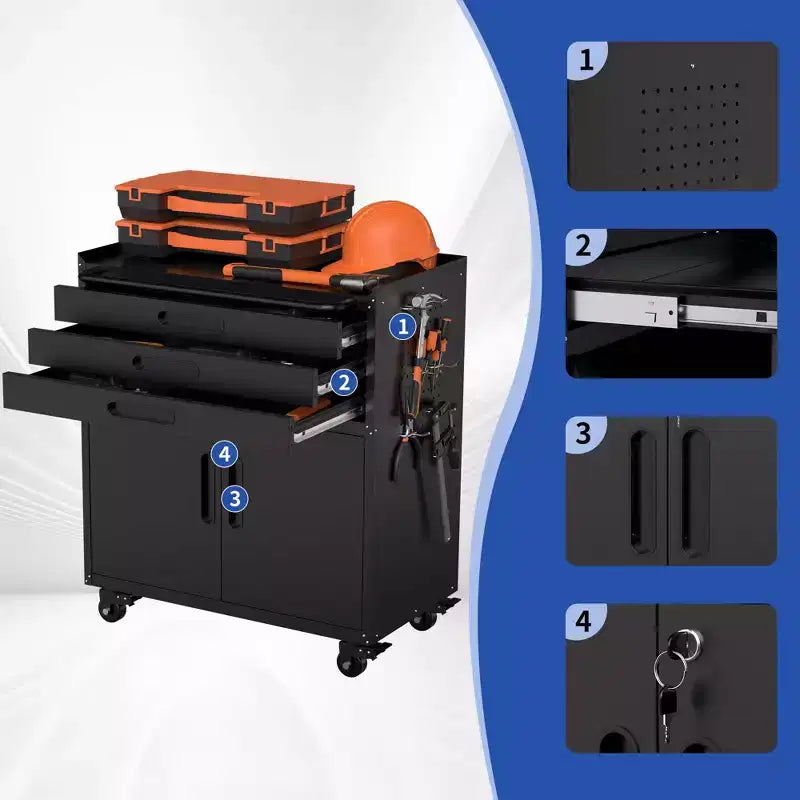 Gabinete negro de herramientas con ruedas y 3 cajones, 1 persona