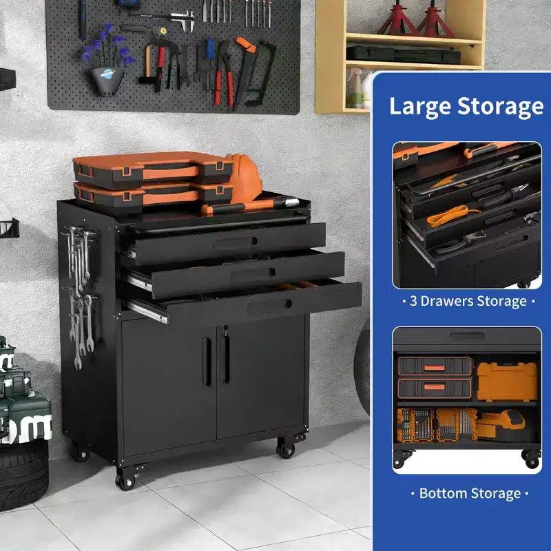 Gabinete negro de herramientas con ruedas y 3 cajones, 1 persona