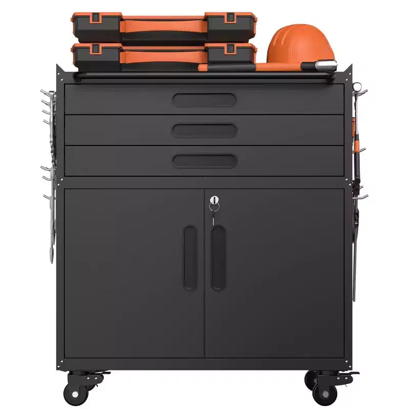 Gabinete negro de herramientas con ruedas y 3 cajones, 1 persona