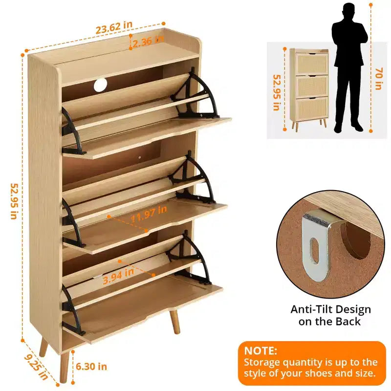 Zapatero Marrón de Rattan con 3 Puertas – Hasta 20 Pares