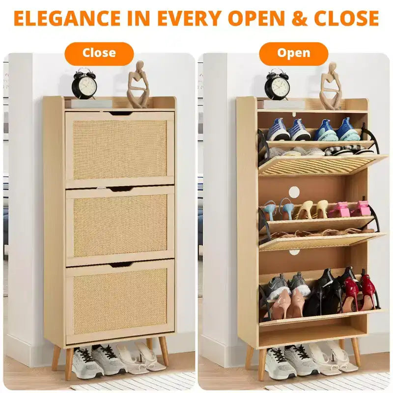 Zapatero Marrón de Rattan con 3 Puertas – Hasta 20 Pares