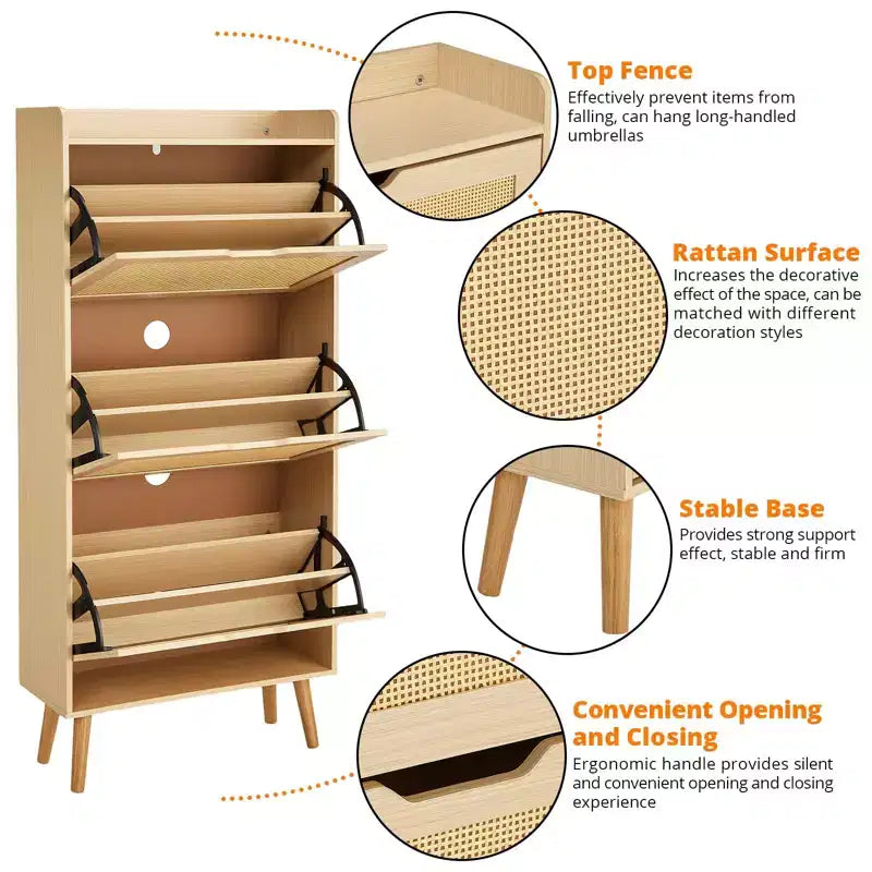 Zapatero Marrón de Rattan con 3 Puertas – Hasta 20 Pares