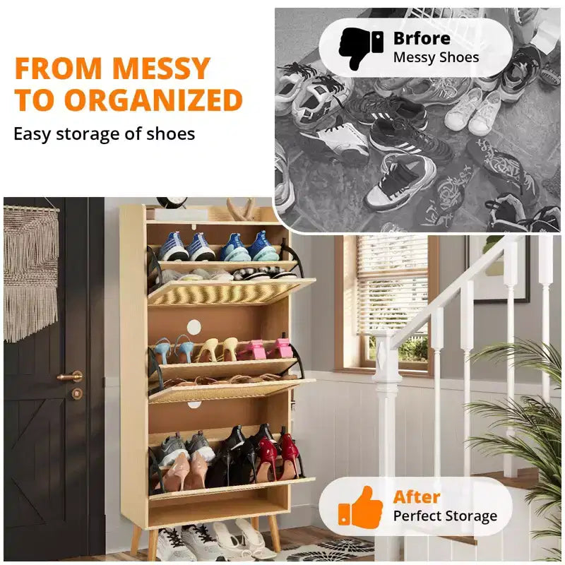 Zapatero Marrón de Rattan con 3 Puertas – Hasta 20 Pares