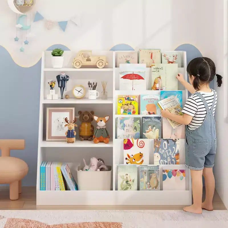 Estantería blanca de 4 niveles para niños con compartimento para juguetes, 1 niño