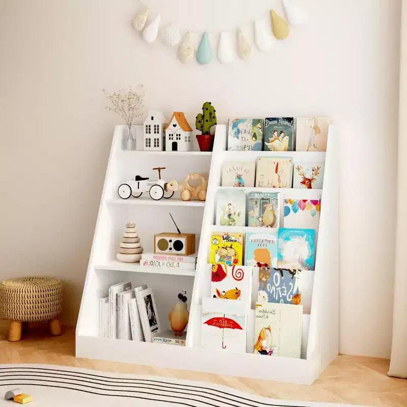 Estantería blanca de 4 niveles para niños con compartimento para juguetes, 1 niño