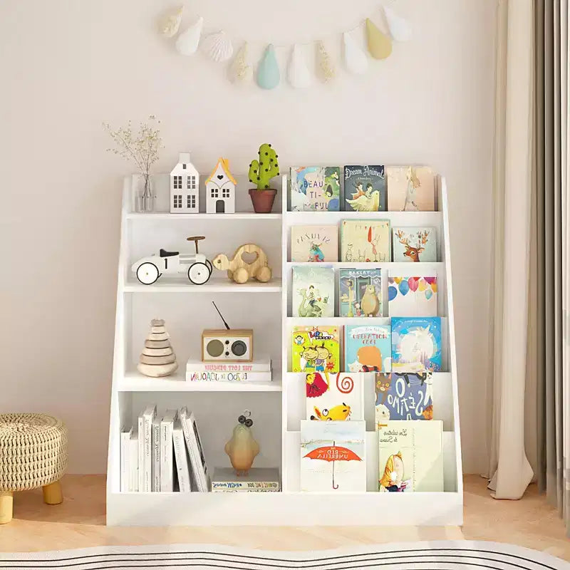 Estantería blanca de 4 niveles para niños con compartimento para juguetes, 1 niño