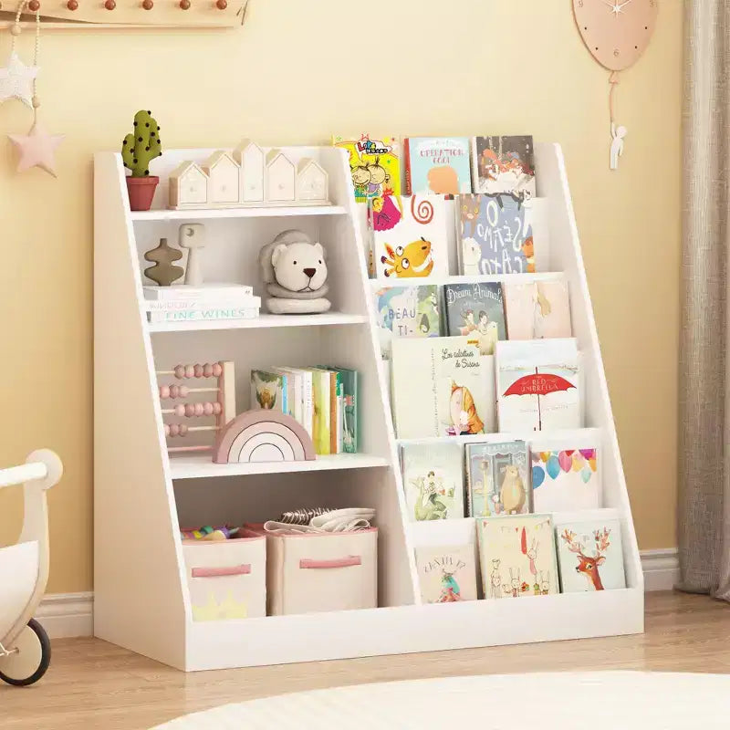 Estantería blanca de 4 niveles para niños con compartimento para juguetes, 1 niño