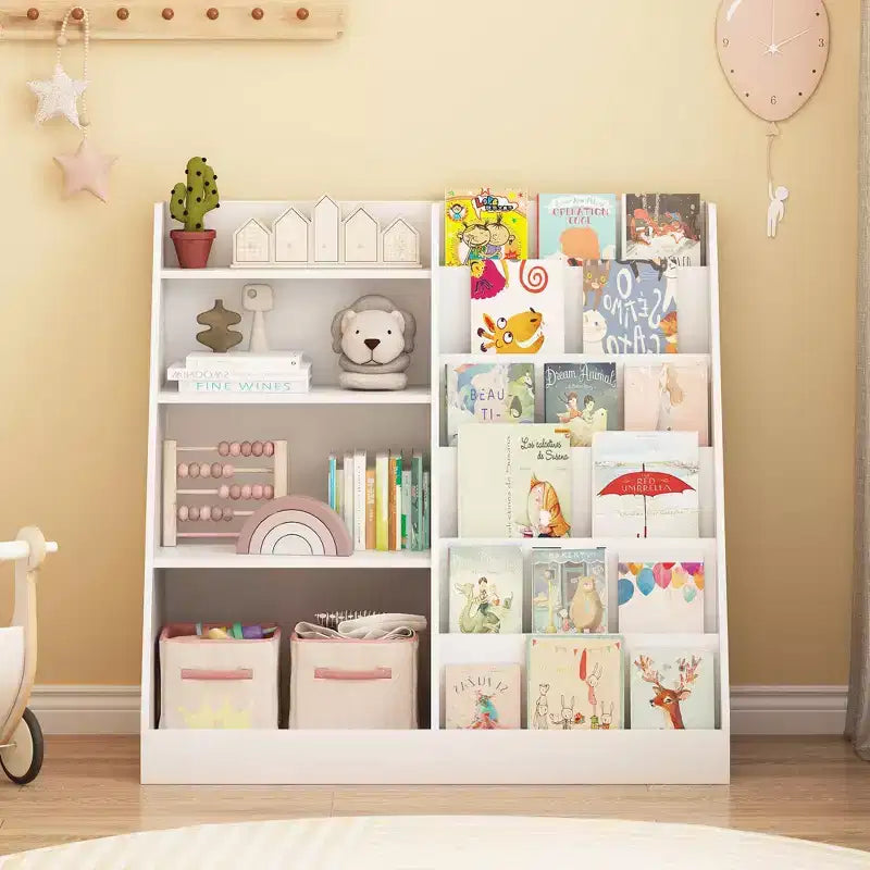 Estantería blanca de 4 niveles para niños con compartimento para juguetes, 1 niño