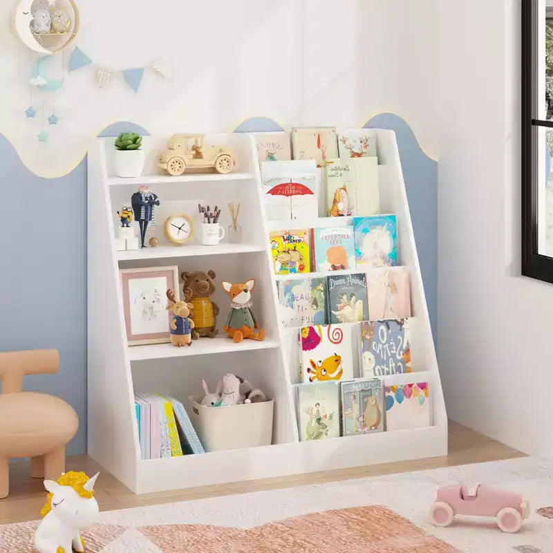 Estantería blanca de 4 niveles para niños con compartimento para juguetes, 1 niño
