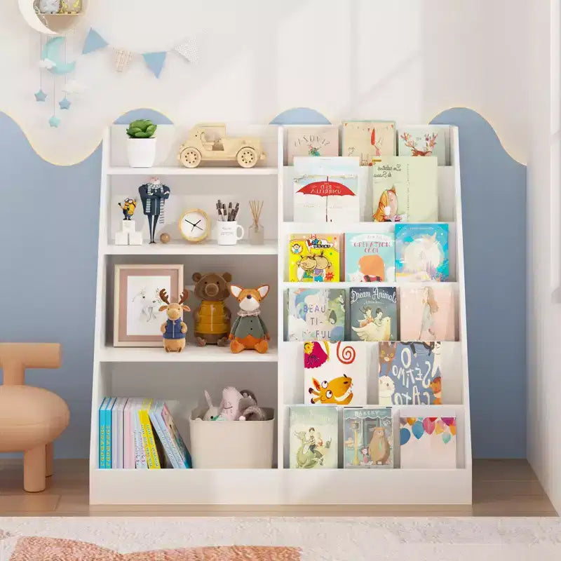 Estantería blanca de 4 niveles para niños con compartimento para juguetes, 1 niño