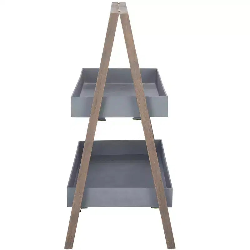 Estante de almacenamiento de madera de acacia de 2 niveles, beige/gris, interior/exterior, montaje para 1 persona