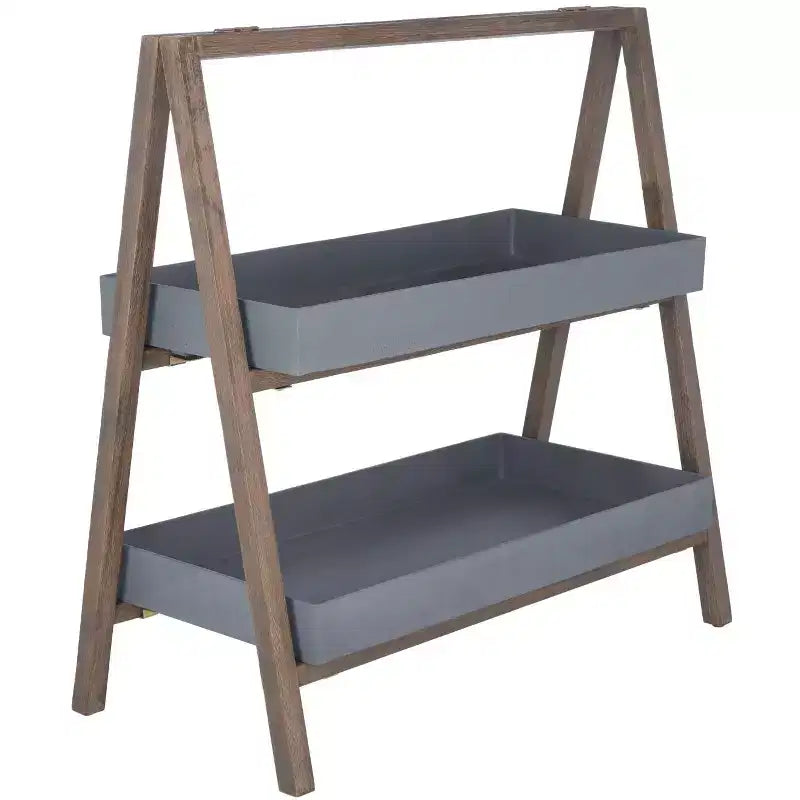 Estante de almacenamiento de madera de acacia de 2 niveles, beige/gris, interior/exterior, montaje para 1 persona