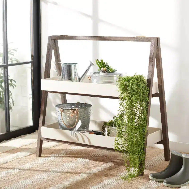 Estante de almacenamiento de madera de acacia de 2 niveles, beige/gris, interior/exterior, montaje para 1 persona