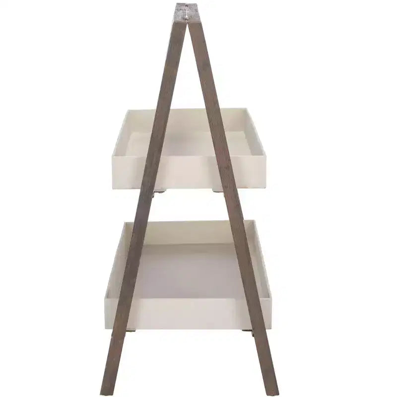 Estante de almacenamiento de madera de acacia de 2 niveles, beige/gris, interior/exterior, montaje para 1 persona