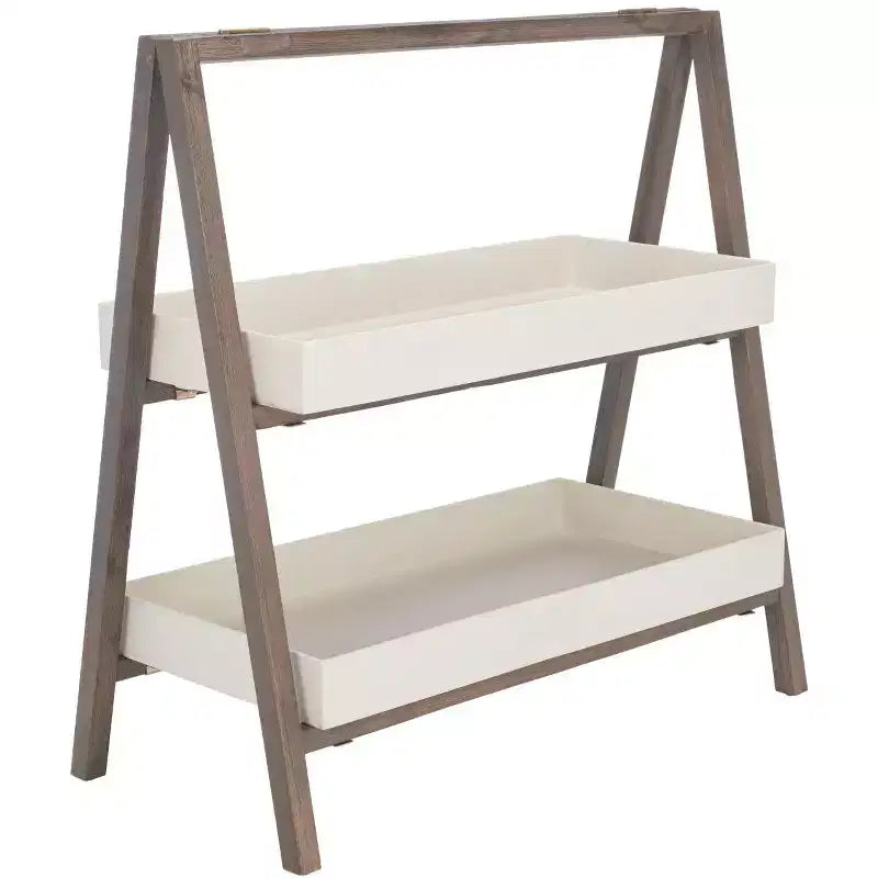 Estante de almacenamiento de madera de acacia de 2 niveles, beige/gris, interior/exterior, montaje para 1 persona