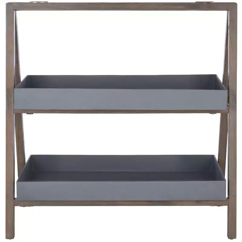 Estante de almacenamiento de madera de acacia de 2 niveles, beige/gris, interior/exterior, montaje para 1 persona