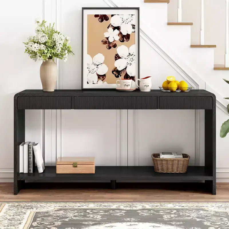 Consola de 3 cajones negra/marrón, diseño de listones verticales, 1 pieza