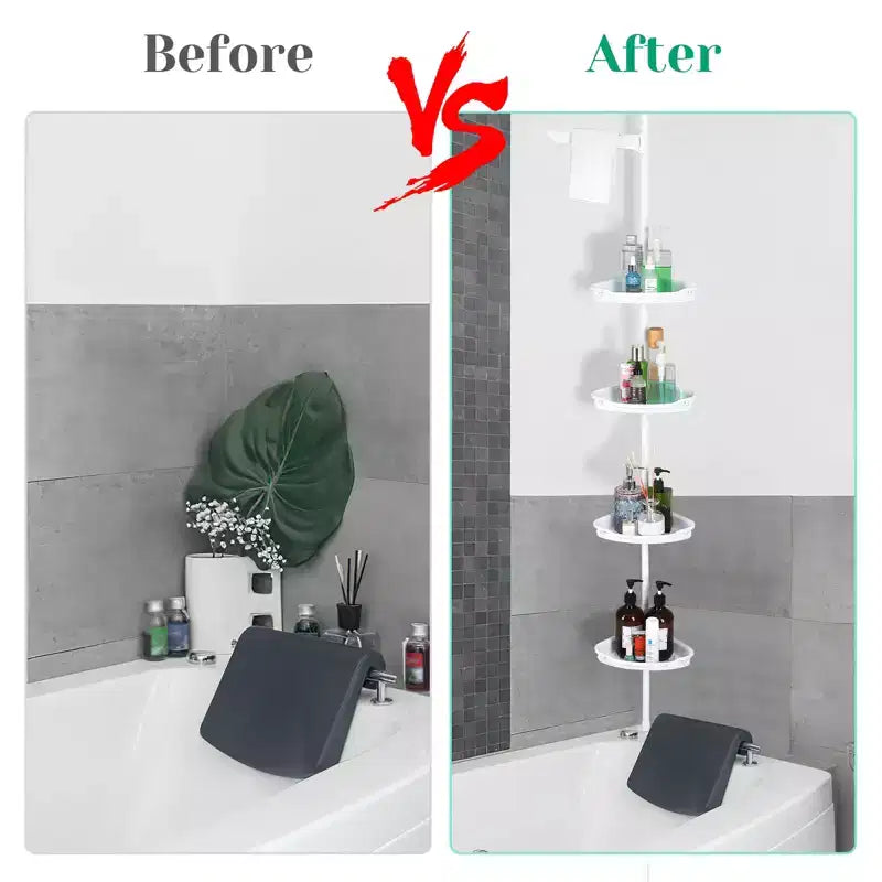 Estantería de ducha esquinera de 4 niveles en blanco/negro, barra de tensión, para un solo usuario