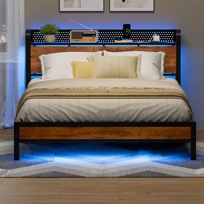 Base de cama rústica marrón Queen con LED y USB, para 2 personas, de plataforma metálica