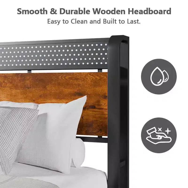 Base de cama rústica marrón Queen con LED y USB, para 2 personas, de plataforma metálica