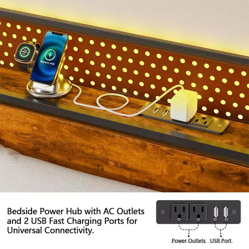 Base de cama rústica marrón Queen con LED y USB, para 2 personas, de plataforma metálica