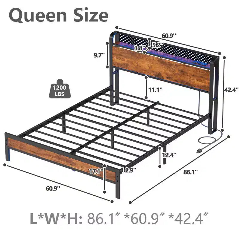 Base de cama rústica marrón Queen con LED y USB, para 2 personas, de plataforma metálica