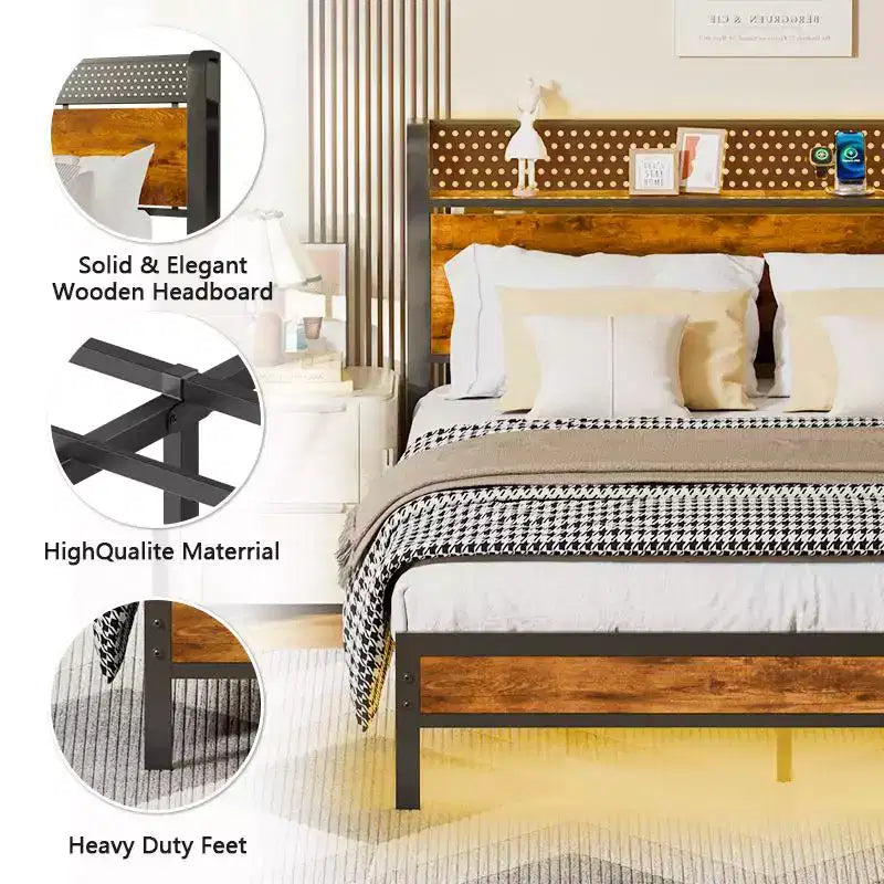 Base de cama rústica marrón Queen con LED y USB, para 2 personas, de plataforma metálica
