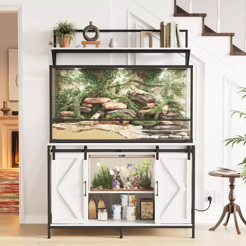 Mesa para acuarios y terrarios gris/blanco, hasta 120 galones, superficie de 48"x24", toma de corriente integrada