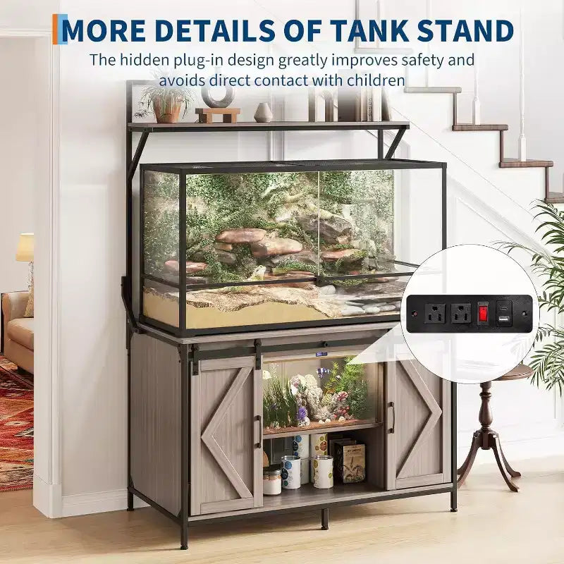 Mesa para acuarios y terrarios gris/blanco, hasta 120 galones, superficie de 48"x24", toma de corriente integrada