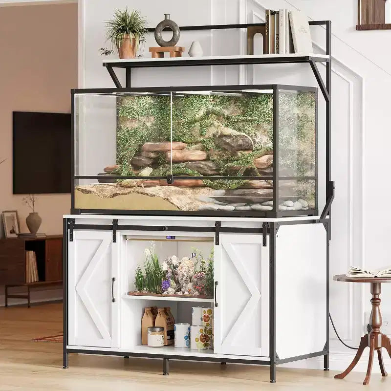 Mesa para acuarios y terrarios gris/blanco, hasta 120 galones, superficie de 48"x24", toma de corriente integrada