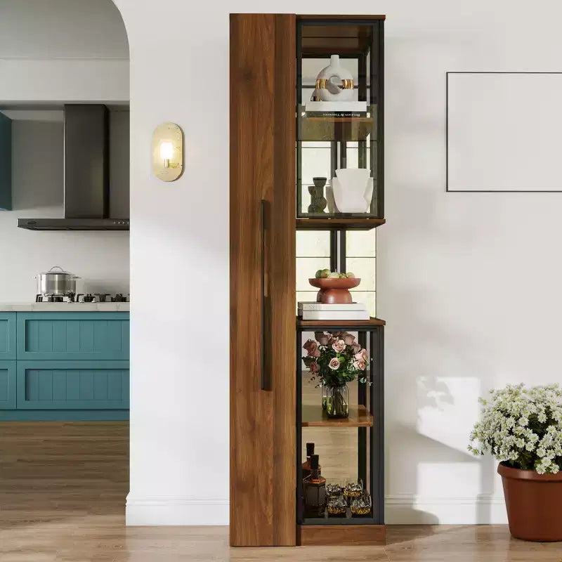 Vitrina de nogal de 5 niveles con puerta de cristal y luces LED, independiente, montaje para 1 persona