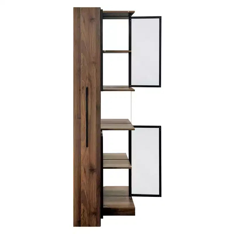 Vitrina de nogal de 5 niveles con puerta de cristal y luces LED, independiente, montaje para 1 persona