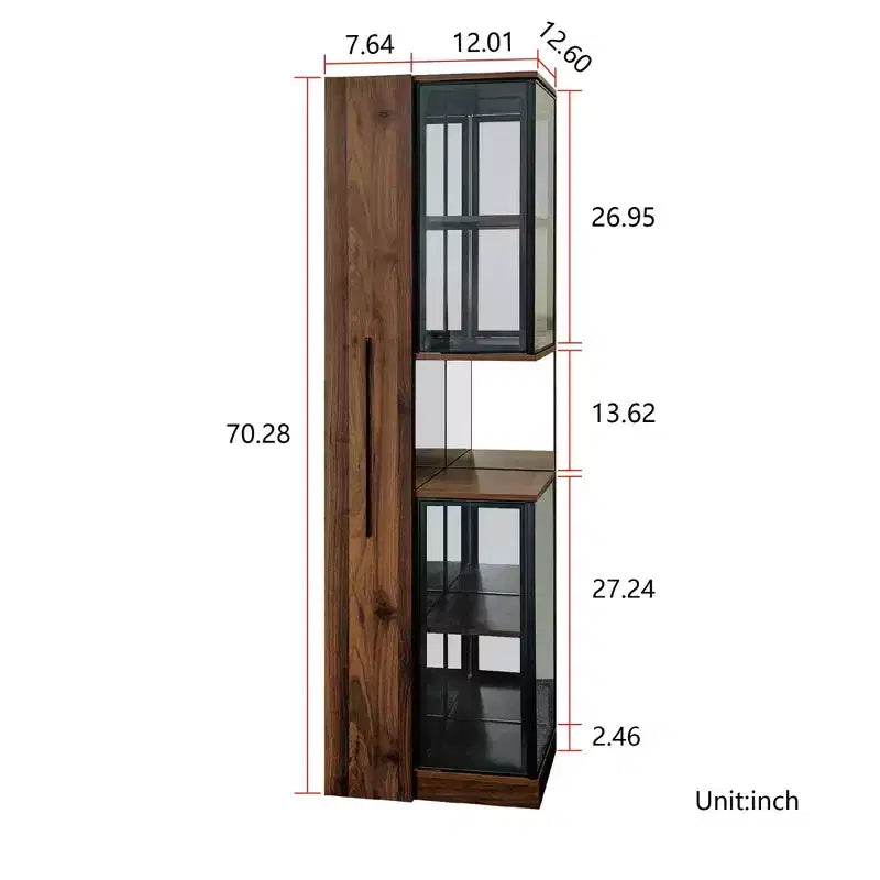 Vitrina de nogal de 5 niveles con puerta de cristal y luces LED, independiente, montaje para 1 persona