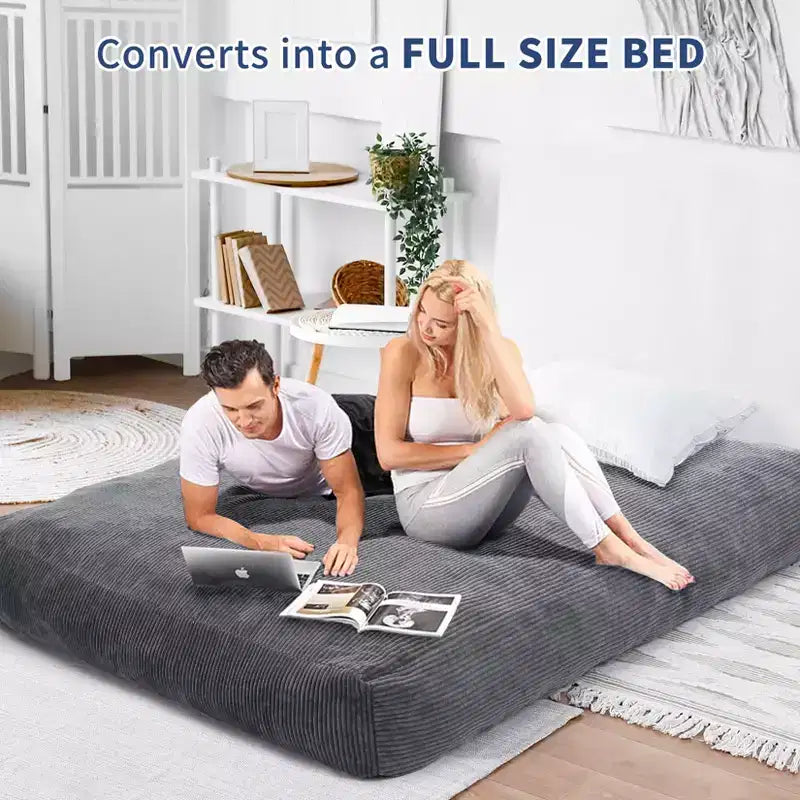 Sofá cama convertible de pana gris oscuro/gris claro, 2 asientos