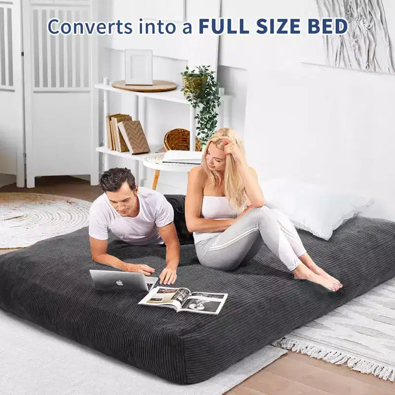 Sofá cama convertible de pana gris oscuro/gris claro, 2 asientos
