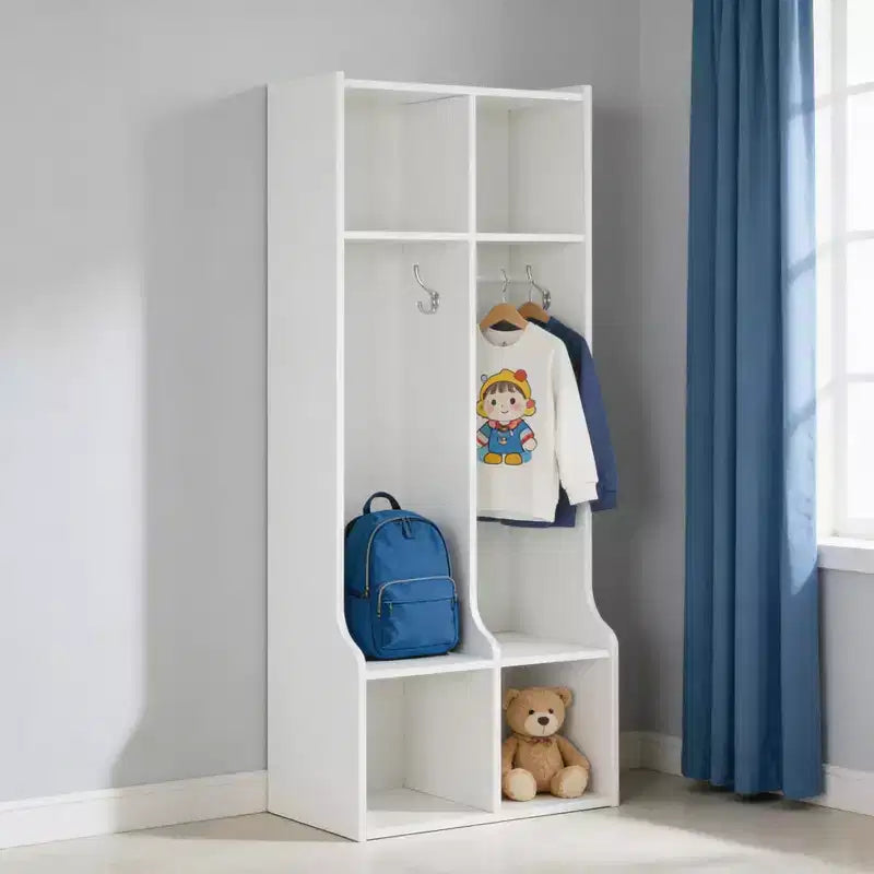 Natural / Blanco, casillero para niños de 2 secciones con 4 ganchos y 4 cubículos, 1 persona
